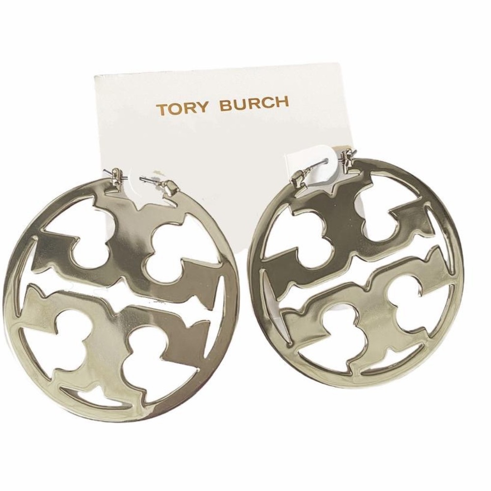 NEW Tory Burch Polished Silver Miller 2” Hoop Earrings